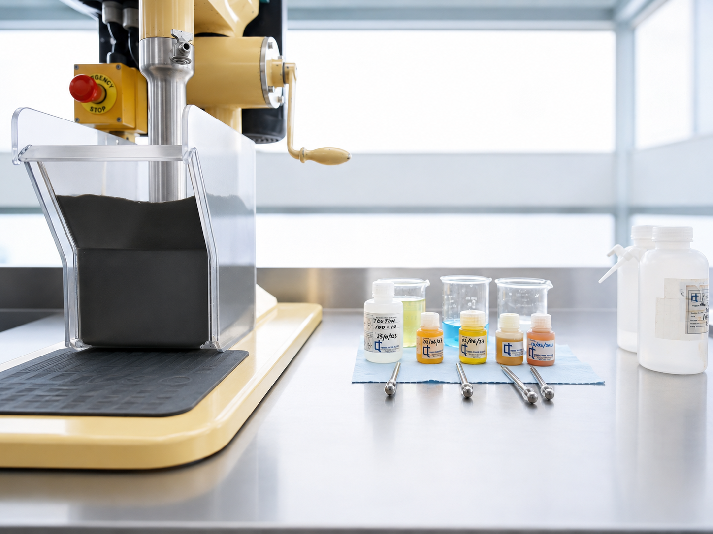 Reactivos de Química Teuton junto a equipo de laboratorio